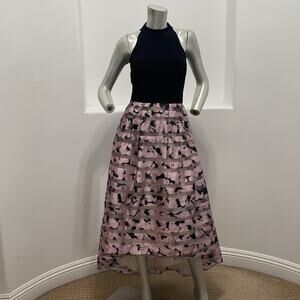 JS Collections Petite Fit & Flare Black Purple Print Hi/Lo Gown Dress Size 8P